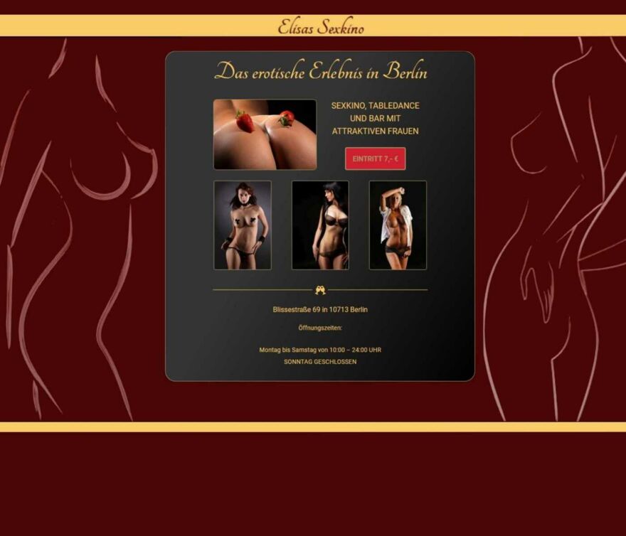 Screenshot der Startseite von der Webseite https://elisas-sexkino.com/