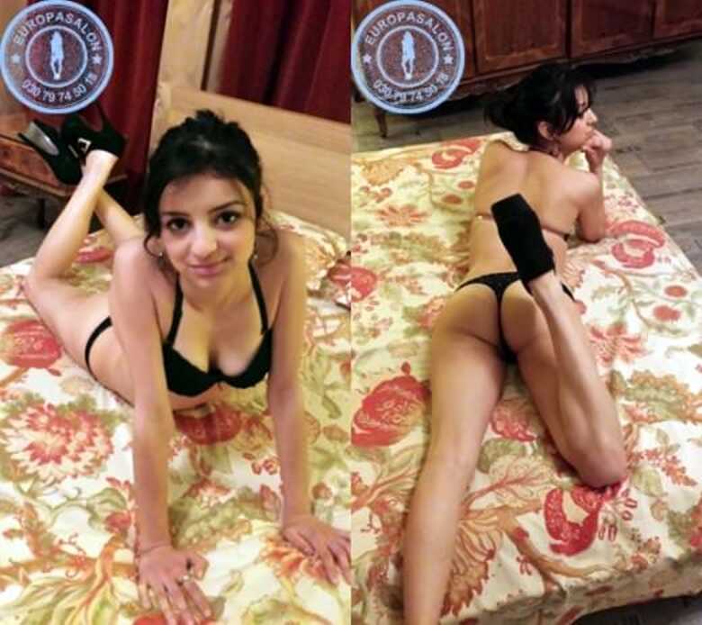 Die zierliche Sofia zeigt sich von vorn und von hinten in einem schwarzen Bikini